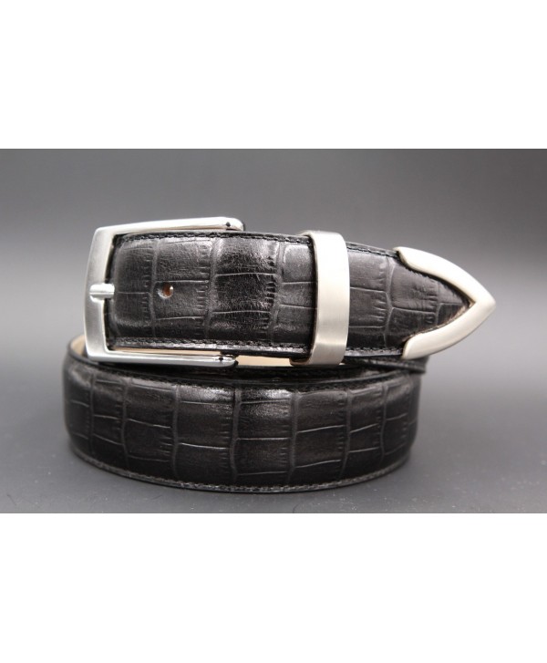 Black croco-style leather belt with metallic tip
