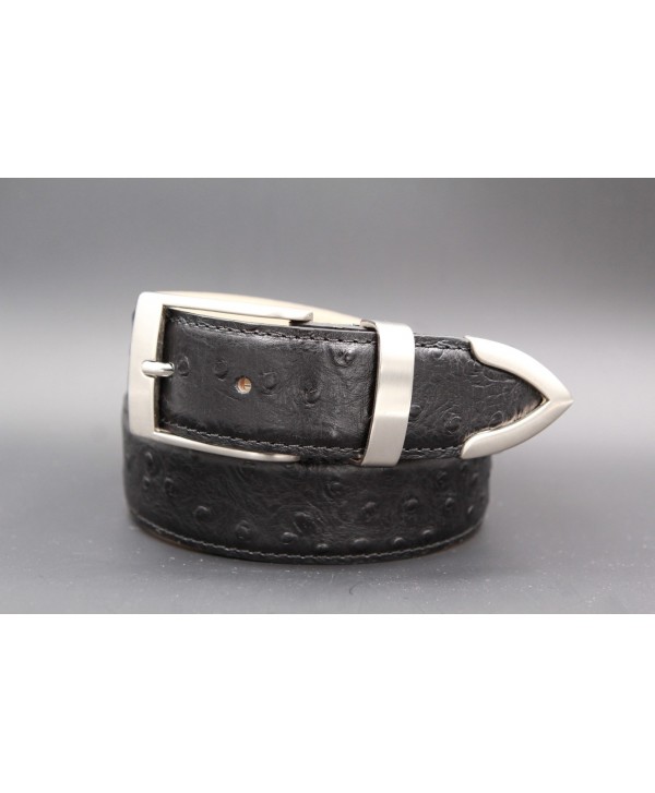 Ostrich-style black leather belt with metal tip