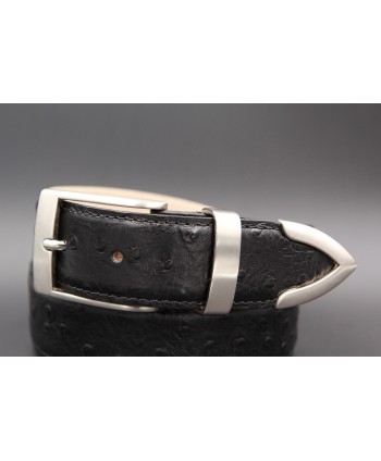 Ostrich-style black leather belt with metal tip - detail