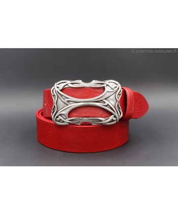 Celtic style rectangular buckle red belt