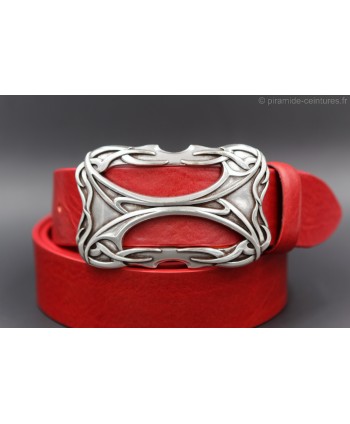 Celtic style rectangular buckle red belt - detail