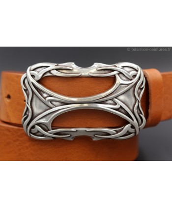 Celtic style rectangular buckle cognac belt - detail