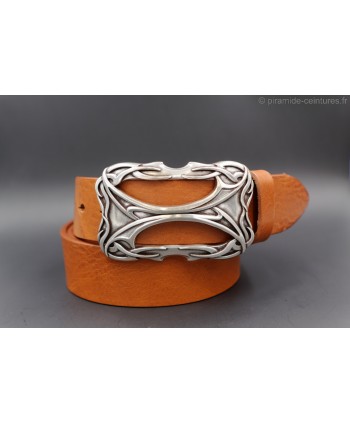Celtic style rectangular buckle cognac belt