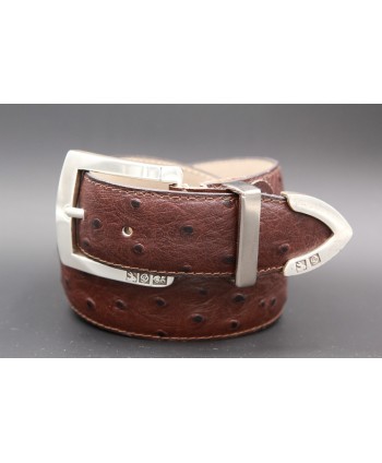 Ostrich-style brown leather belt with metal tip