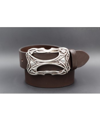 Celtic style rectangular buckle dark brown belt