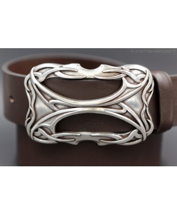 Celtic style rectangular buckle dark brown belt - detail