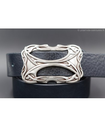 Celtic style rectangular buckle navy blue belt - detail