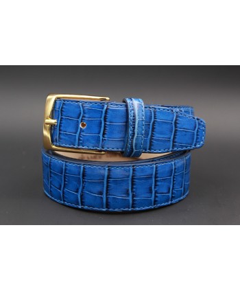 Big size Blue crocodile-style cowhide leather belt - golden buckle