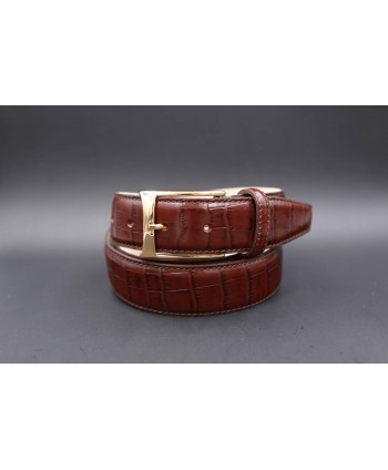 Big size Brown crocodile-style cowhide leather belt - golden buckle