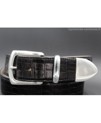 Black crocodile-style leather belt with full metal tip - detail