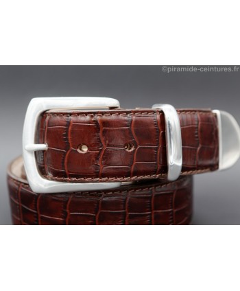 Brown crocodile-style leather belt with full metal tip - detail
