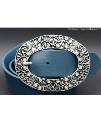 Ceinturon cuir turquoise - Boucle ovale nickel et strass - détail