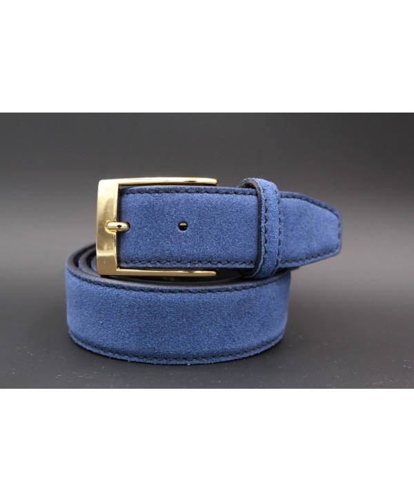 Big size blue suede leather belt - golden buckle