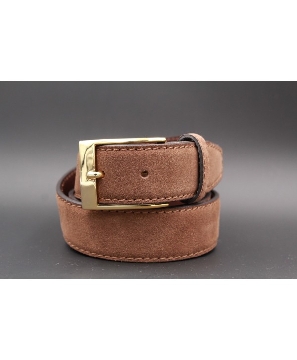 Big size brown suede leather belt - golden buckle