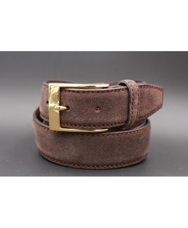 Big size dark brown suede leather belt - golden buckle