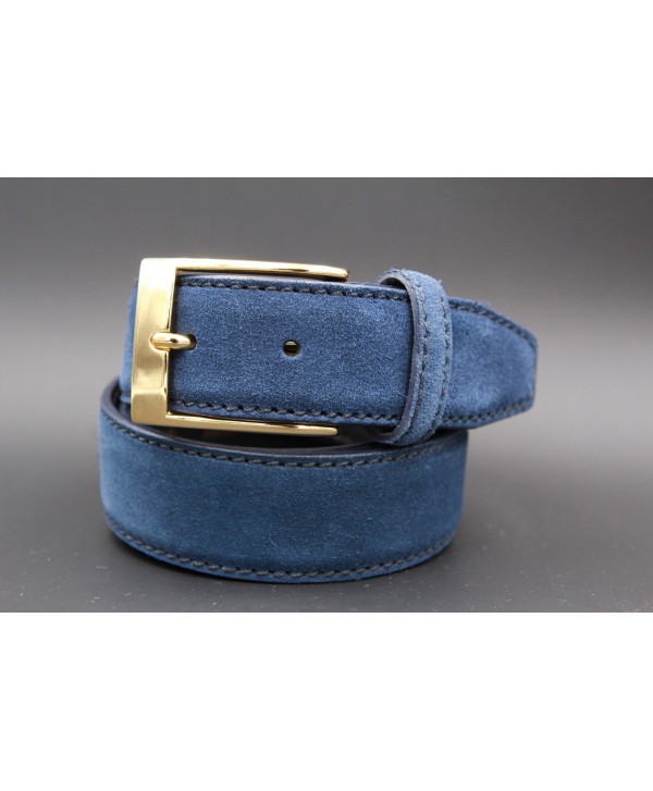 Big size dark blue suede leather belt - golden buckle