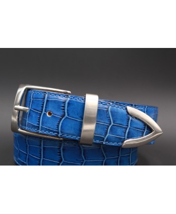 Big size blue croco-style leather belt with metallic tip - detail