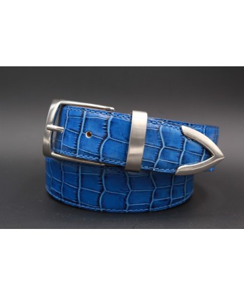 Big size blue croco-style leather belt with metallic tip