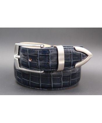 Big size navy blue croco-style leather belt with metallic tip