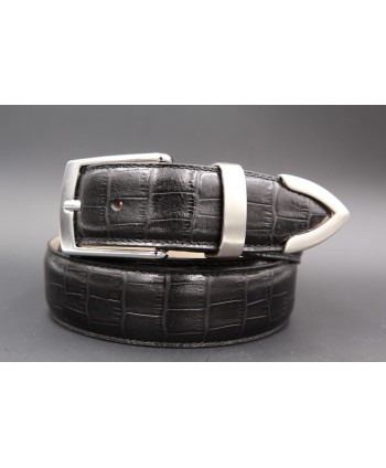Big size black croco-style leather belt with metallic tip