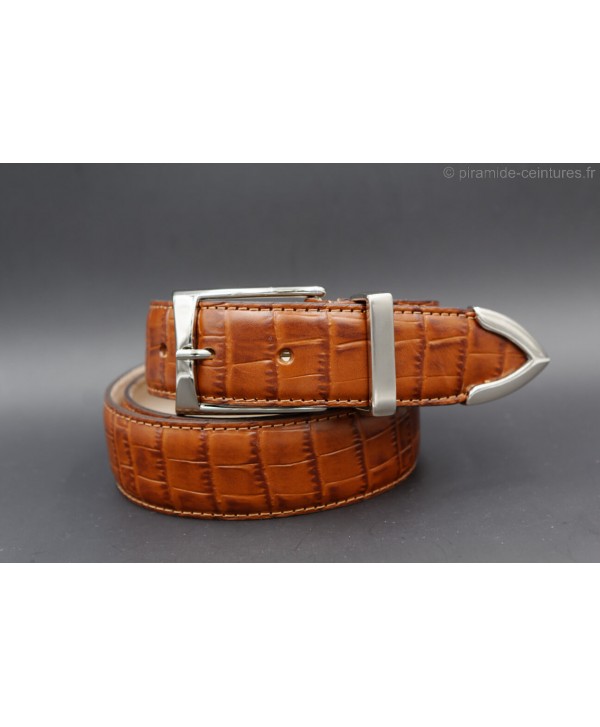 Big size cognac croco-style leather belt with metallic tip