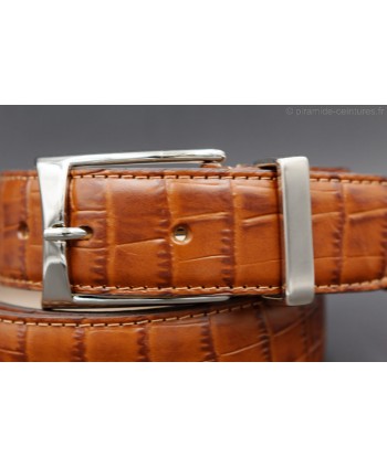 Big size cognac croco-style leather belt with metallic tip - buckle detail