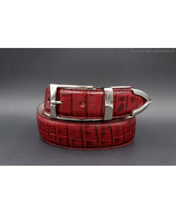 Big size burgundy croco-style leather belt with metallic tip
