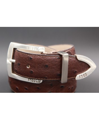 Big size ostrich-style brown leather belt with metal tip - detail