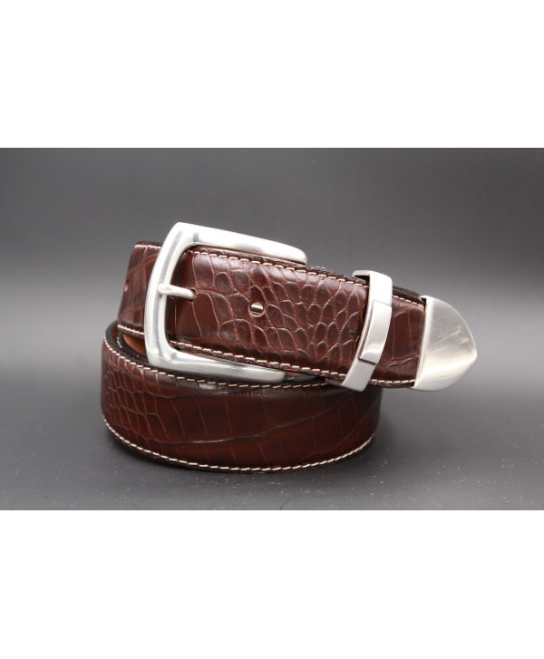 Big size dark brown Crocodile-style leather belt with full metal tip