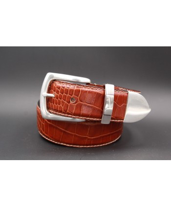 Big size camel Crocodile-style leather belt with full metal tip