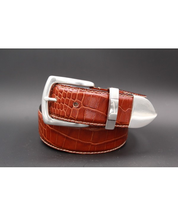 Big size camel Crocodile-style leather belt with full metal tip