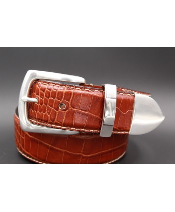 Big size camel Crocodile-style leather belt with full metal tip - detail