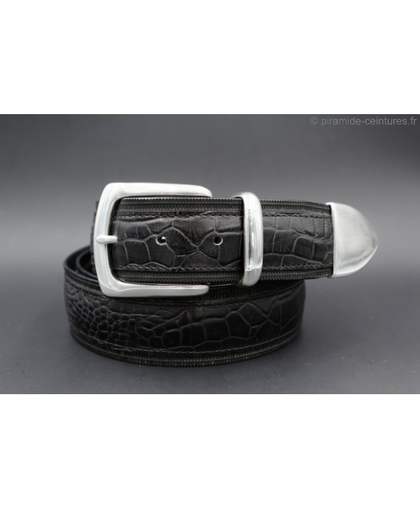 Big size black Crocodile-style leather belt with full metal tip