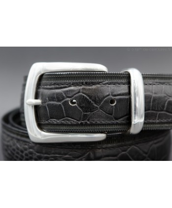 Big size black Crocodile-style leather belt with full metal tip - detail