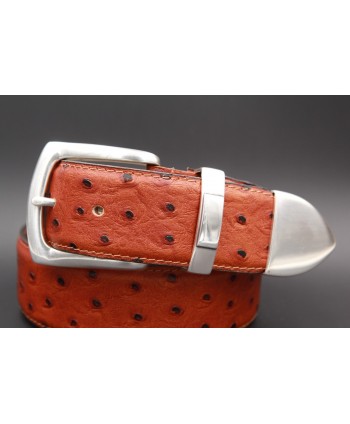Big size camel Ostrich-style leather belt with full metal tip - detail