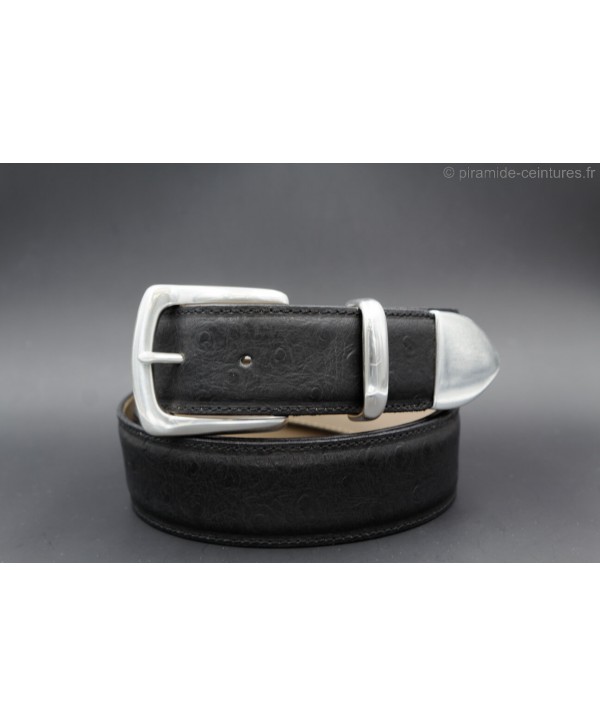 Big size black Ostrich-style leather belt with full metal tip