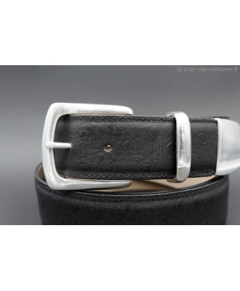 Big size black Ostrich-style leather belt with full metal tip - detail