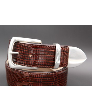 Big size dark brown Lizard-style leather belt with full metal tip - detail