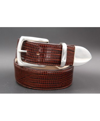 Big size dark brown Lizard-style leather belt with full metal tip