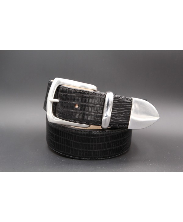 Big size black Lizard-style leather belt with full metal tip