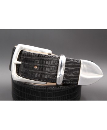 Big size black Lizard-style leather belt with full metal tip - detail