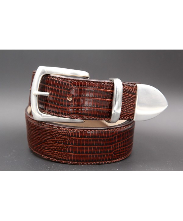 Dark brown Lizard-style leather belt with full metal tip