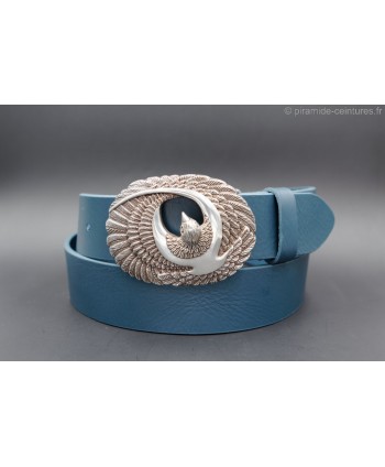 Large turquoise leather belt with brid buckle