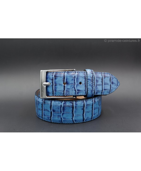 Crocodile-style blue leather belt width 40mm - nickel buckle