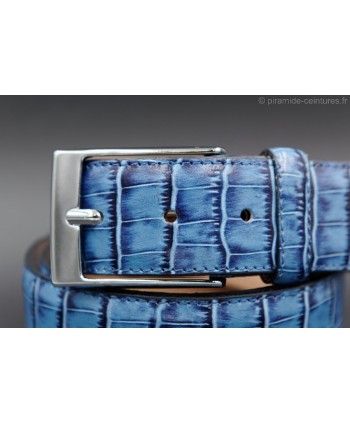 Crocodile-style blue leather belt width 40mm - nickel buckle - detail