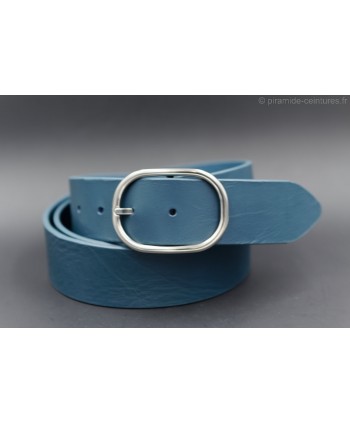 Turquoise large leather belt with oval buckle