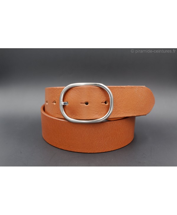 Cognac large leather belt with oval buckle