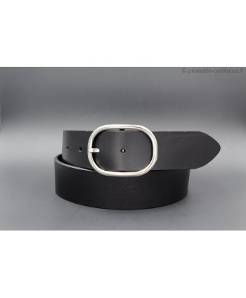 Black large leather belt with oval buckle