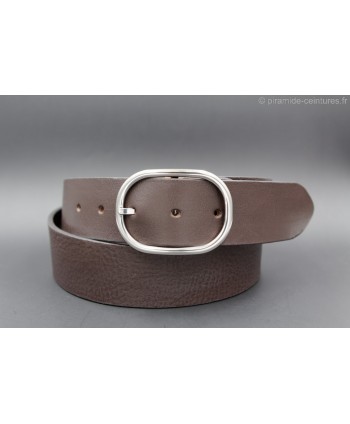 Brown large leather belt with oval buckle