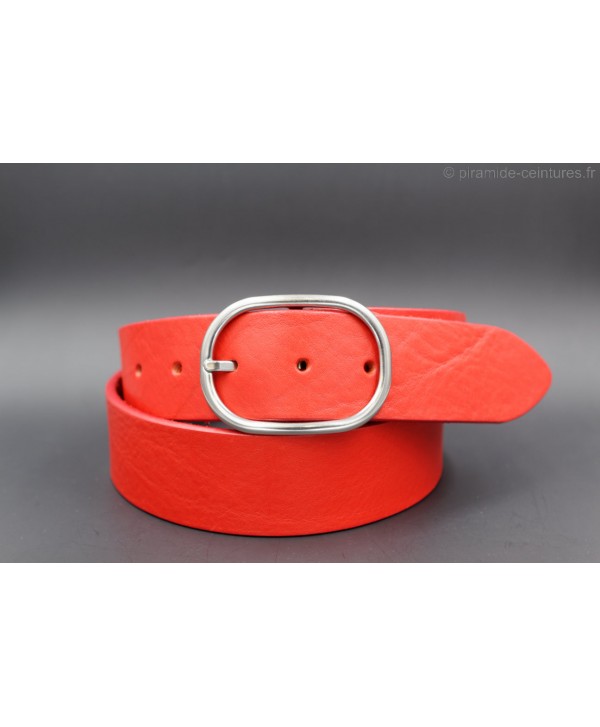 Red large leather belt with oval buckle